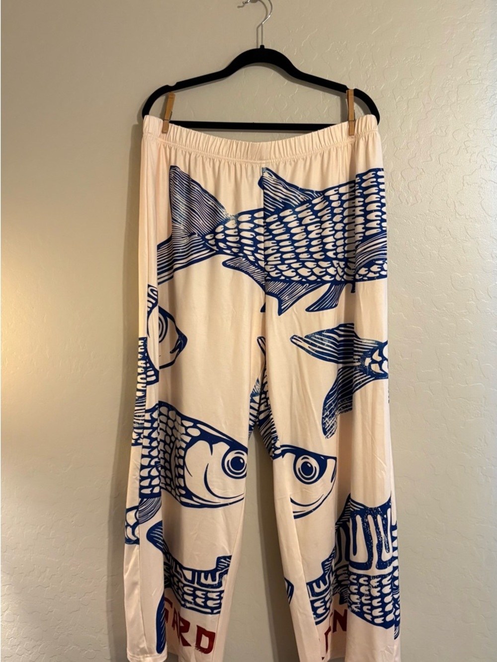 SHEIN Cream Wide Leg Pants with Navy Fish Print